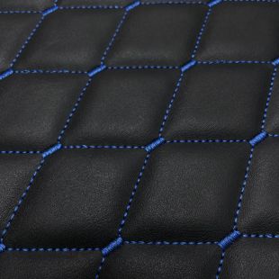 Black Large Diamond Stitch 6mm Scrim Foam Backed Leather - Black with Blue Stitch