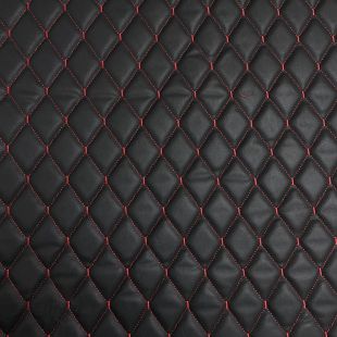 Black Large Diamond Stitch 6mm Scrim Foam Backed Leather - Black with Red Stitch